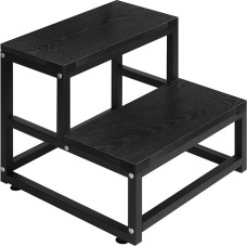 LIANTRAL Step Stool for Adults and Children, 2-Tier Step Stool, Heavy Duty Steel and Sturdy Wooden Stool, Load Capacity up to 220 kg, Step Stool for Bed, Kitchen, Bathroom, Black