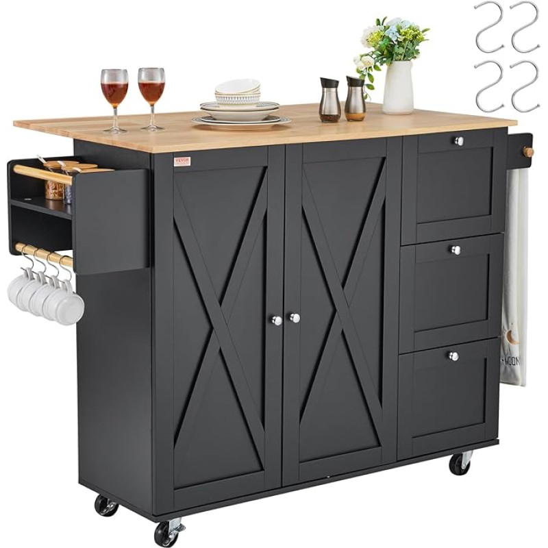 VEVOR Kitchen Island Cart 1150mm Wooden Top Mobile Kitchen Cart with Storage Cabinet Flap Spice Rack Towel Bar Adjustable Shelf Drawer Hook Black