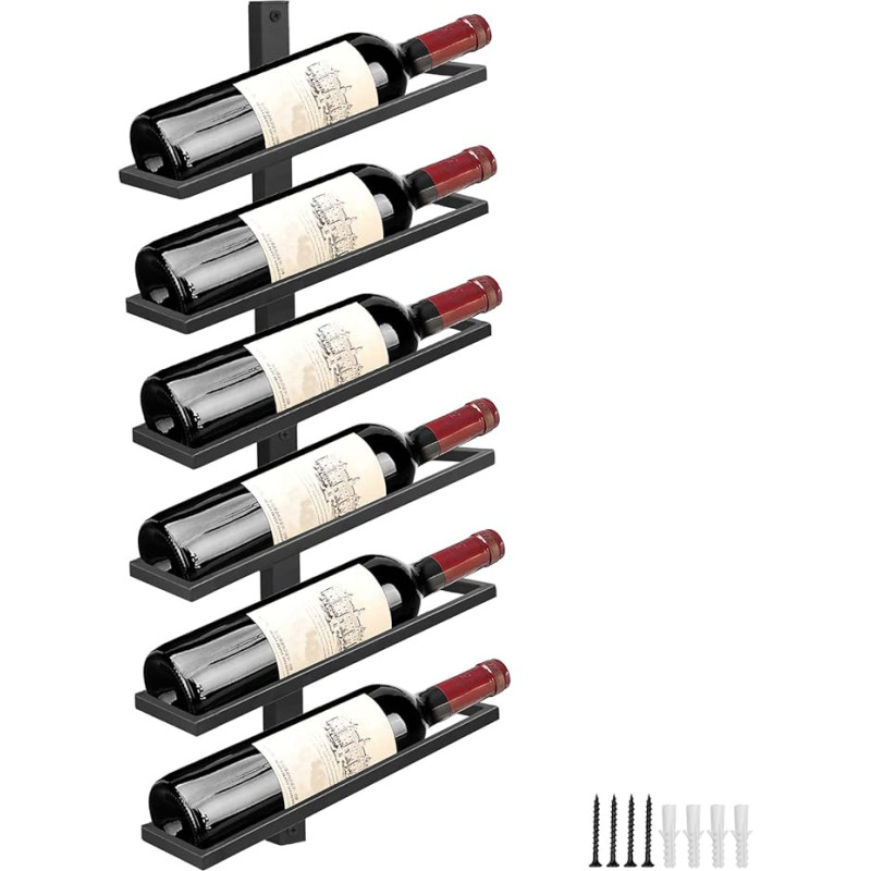 Giyiprpi Sieninis vyno stovas butelių stovas 6 buteliams, metalinis vyno stovas, kabantis ant sienos, vyno butelių laikikliai, sieninė lentyna vyno laikymo stovas virtuvei, valgomajam, barui (pakreipiamas 6)