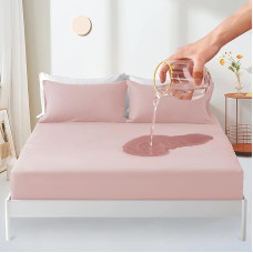 Sufdari Mattress Protector Waterproof 140 x 200 cm Fitted Sheet Breathable Mattress Topper Incontinence Pad Waterproof Mattress Cover Protection Moisture Protection Fitted Sheet Pink