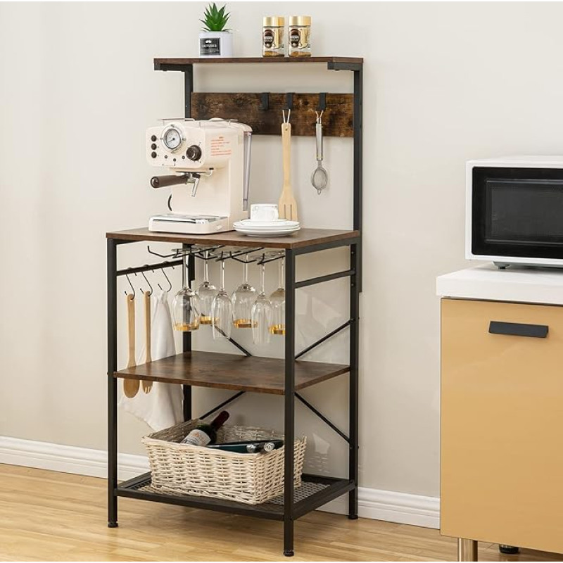 SUNTAGE Virtuvės kepimo stovas su laikymo vieta, kabliukais, mikrobangų krosnelės stovas, laikymo stovas, laisvai pastatomas virtuvės komunalinių reikmenų laikymo lentynos stovas, kaimiškai rudas