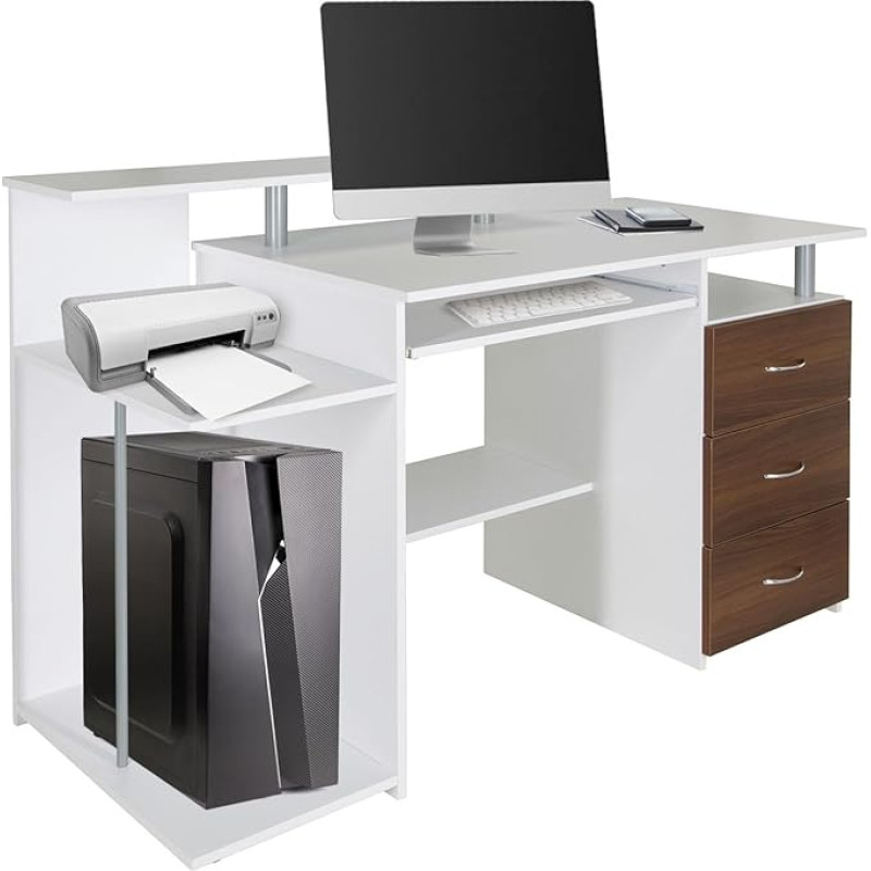 hjh OFFICE Workspace H IV 830061 Computer Desk White / Walnut Desk with Drawers and Keyboard Drawer 89 x 137 x 60 cm