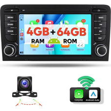 4+64G Wireless Apple Carplay & Android Car Radio Bluetooth for Audi A3/S3/RS3 7 Inch Android Car Radio with Screen Navigation WiFi EQ Mirror Link Double DIN Touch Display Car Radio + Reversing Camera