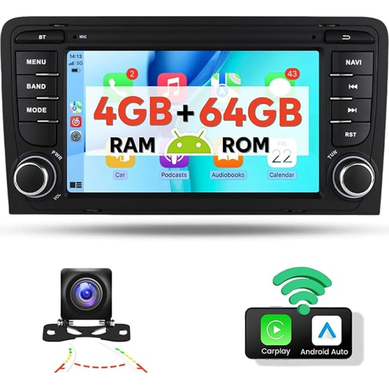 4+64G Wireless Apple Carplay & Android Car Radio Bluetooth for Audi A3/S3/RS3 7 Inch Android Car Radio with Screen Navigation WiFi EQ Mirror Link Double DIN Touch Display Car Radio + Reversing Camera