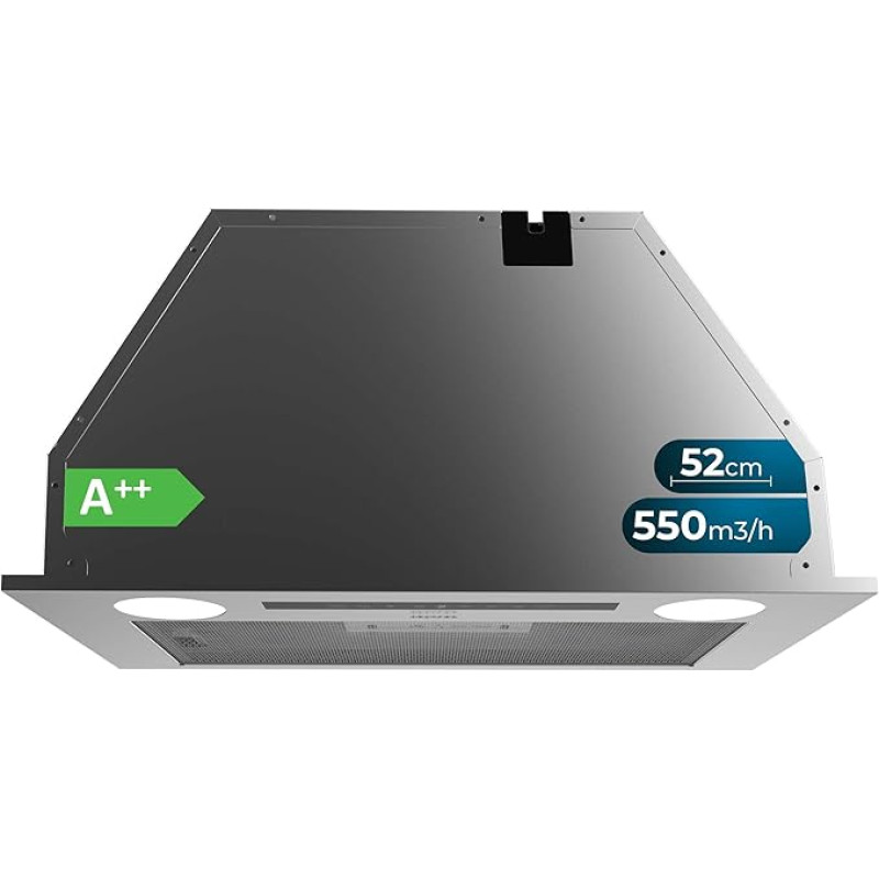 Cecotec Einbau-Dunstabzugshaube 52cm Bolero Flux IT 525500 Inox A++. 70W, 3 Leistungsstufen, Niedriger Energieverbrauch, Edelstahlfinish, Absaugung 550m³/h, Touch-Bedienung, Booster, Aktivkohlefilter