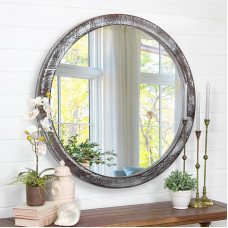 JJUUYOU Round Wall Mirror, 50 cm, Circle Mirror for Bathroom, Circle Mirror, Home Mirror, Wooden Frame Mirror for Living Room, Bedroom, Dorm, Entryway and More