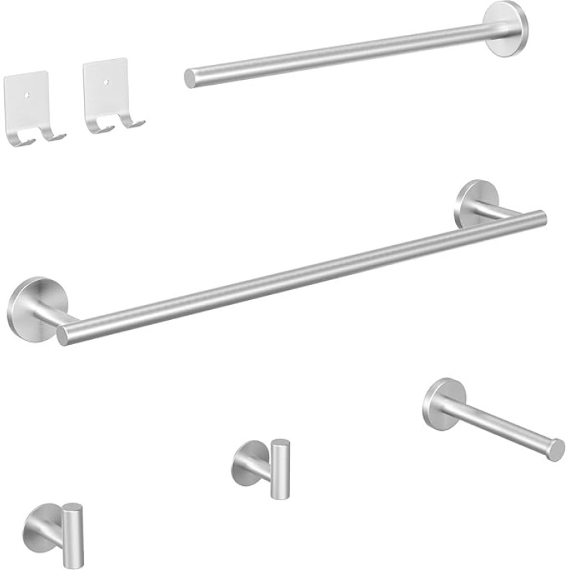 Auralum Bathroom Towel Holder Set - Stainless Steel Bathroom Kit Includes Towel Rack, Towel Holder, Toilet Roll Holder and More Hooks, with Nail and Adhesive Mounting (Stainless Steel)