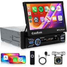 Wireless Carplay Car Radio 1 DIN with Wireless Android Car 7 Inch Automatic Retractable Screen Car Radio with Mirror Link Bluetooth FM Radio USB/EQ/AUX/DVR/MIC Steering Wheel Control Reversing Camera