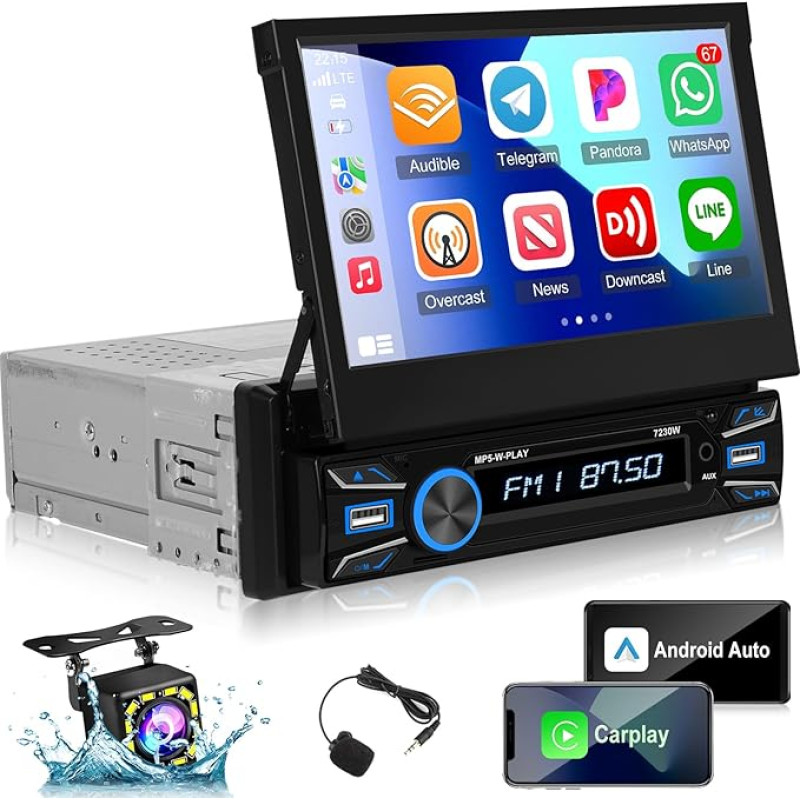 1 DIN automobilinis radijo imtuvas su ištraukiamu ekranu, motorizuotas, su belaidžiu 