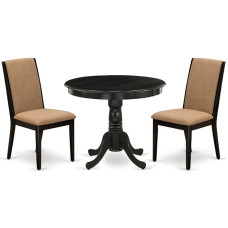 East West Furniture ANLA3-ABK-47 3-teiliges Esszimmermöbel-Set enthält einen runden Küchentisch mit Sockel und 2 Parson-Esszimmerstühle aus leichtem Zobel-Leinenstoff, 91,4 x 91,4 cm, Schwarz mit