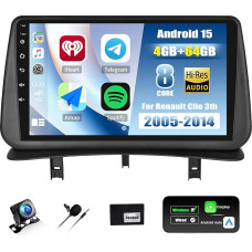 CAMECHO 4+64G 8-Core 9 Inch Android 15 Car Radio for Renault Clio 3 2005-2014 with Reversing Camera, Qualcomm Radio with Wireless Carplay Bluetooth Android Car FM/RDS DSP GPS WiFi + IPS Touchscreen