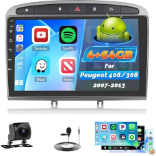 Roinvou 4+64G Autoradio Android für Peugeot 308/408 2007-2013 Wireless Carplay Android Auto, Touch Screen Radio 9 Zoll Bildschirm WiFi GPS Bluetooth 32EQ FM/RDS SWC Rückfahrkamera