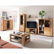Wohnwand Wohnmöbel Set Eiche teilmassiv 6-teilig, 1 Vitrina, 1 Wandboard, 1 Lowboard, 2 Highboards, 1 Couchtisch