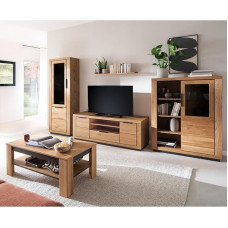 Living Room Furniture Set Partially Solid Oak 5 Pieces 1 Display Cabinet 1 Wall Shelf 1 Lowboard 1 Highboard 1 Coffee Table
