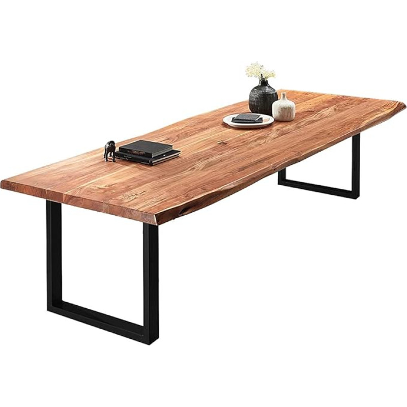 SAM Valin Valgomojo stalas 260 x 110 cm Natūralaus akacijos medžio masyvo lentų stalas su U formos metaliniu rėmu, pagamintas iš matinės juodos spalvos tikrų lentų, 50 mm viršus
