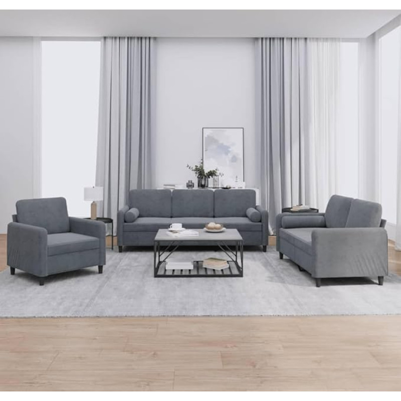 Brokky 3-TLG. Sofagarnitur mit Kissen Sofa Wohnzimmer Sitzgruppe Wohnzimmer Sofos komplektas Sofas FüR Wohnzimmer Dunkelgrau Samt / 3201955