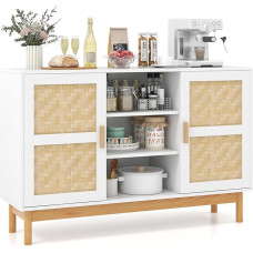 COSTWAY Medinė bufeto spintelė, virtuvės spintelė su 2 bambuko durimis ir 3 atviromis lentynomis, 120 cm bufetas valgomajam, virtuvei, svetainei, 120 x 35 x 78 cm, balta + natūrali (Modelis