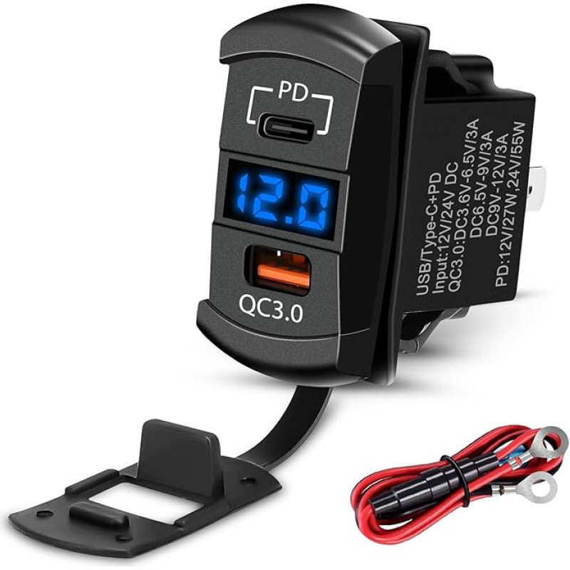 Linkstyle Car Charging Socket, PD Type C & QC3.0 USB Car Socket with LED Digital Voltmeter for 12 V Vehicle Marine Boat