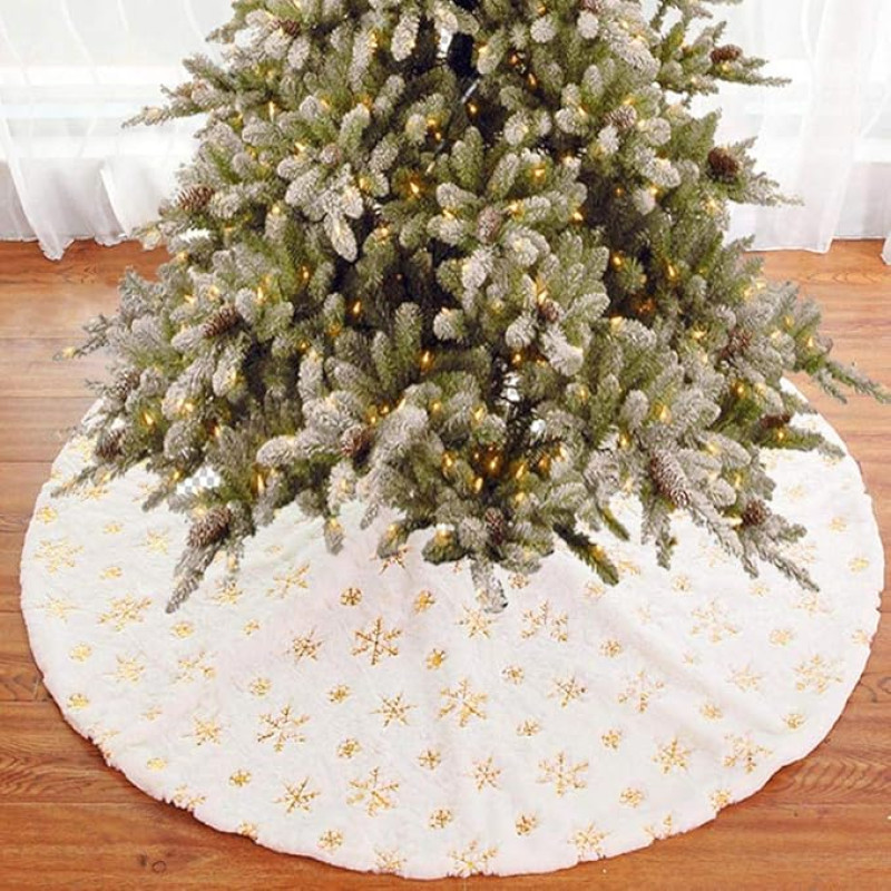 BAKAJI Christmas Tree Rug Diameter 78 cm Soft Plush White Snow Effect with Snowflake Decoration Christmas Decoration (Gold)