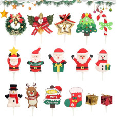 Ericrise Pack of 16 Christmas Cake Toppers, Cupcake Toppers, Christmas Cake Decoration, Christmas Wreath, Santa Claus, Snowman, Reindeer, Christmas Tree Cake Decoration for Christmas Party Decoration