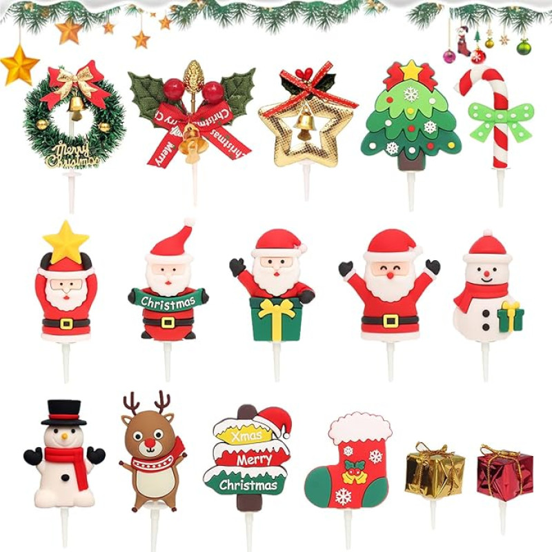 Ericrise Pack of 16 Christmas Cake Toppers, Cupcake Toppers, Christmas Cake Decoration, Christmas Wreath, Santa Claus, Snowman, Reindeer, Christmas Tree Cake Decoration for Christmas Party Decoration