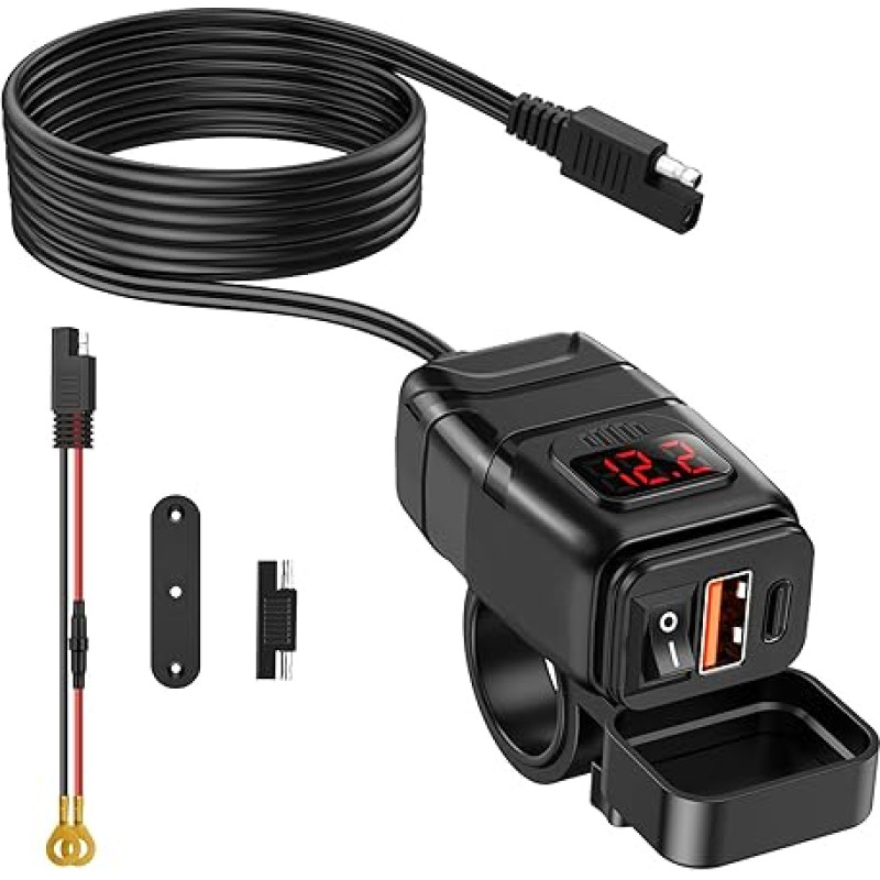 ZEXMTE 12 V USB Socket Motorcycle, PD Type-C & USB Charger with On/Off Switch and LED Voltmeter, Quick Charge 3.0 USB-C Socket for 12 V ~ 24 V Motorcycle Motorhome Car Boat