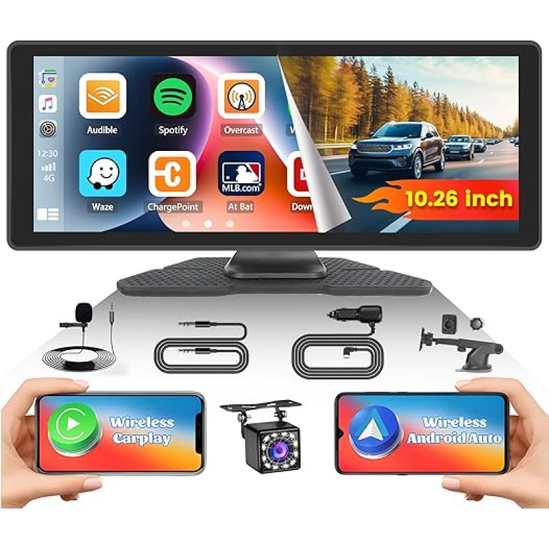 Portable Car Radio, CarPlay Android Car Wireless, Screen 10.26 Inch Touch Screen, with Reversing Camera, Bluetooth Hands-Free System, Navigation, Mirror Link, FM Transmitter Car Radio