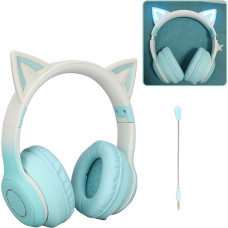 Gugxiom Cat Ear Headphones, Wireless Gaming Headsets via Bluetooth 5.1/3.5 mm AUX Cable, Foldable Headphones with 7-Colour LED Lights and 4 LED Modes for Girls (Vegetables)