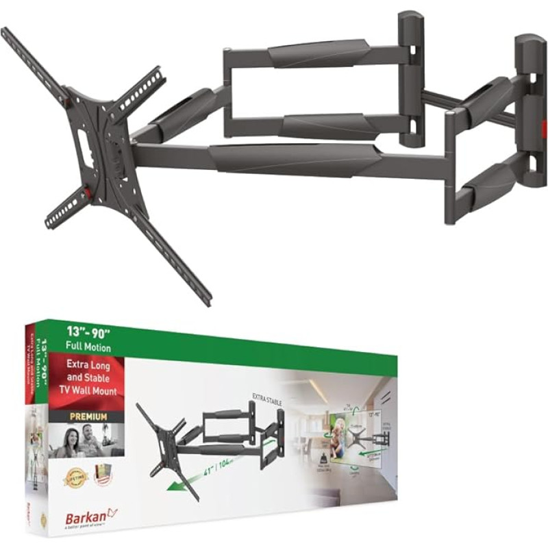 Barkan 104 cm long TV wall mount, 13-90 inch double arm, swivelling/full motion luxurious TV bracket, holds up to 60 kg, extra stable, for LED OLED LCD, max. VESA 600 x 400