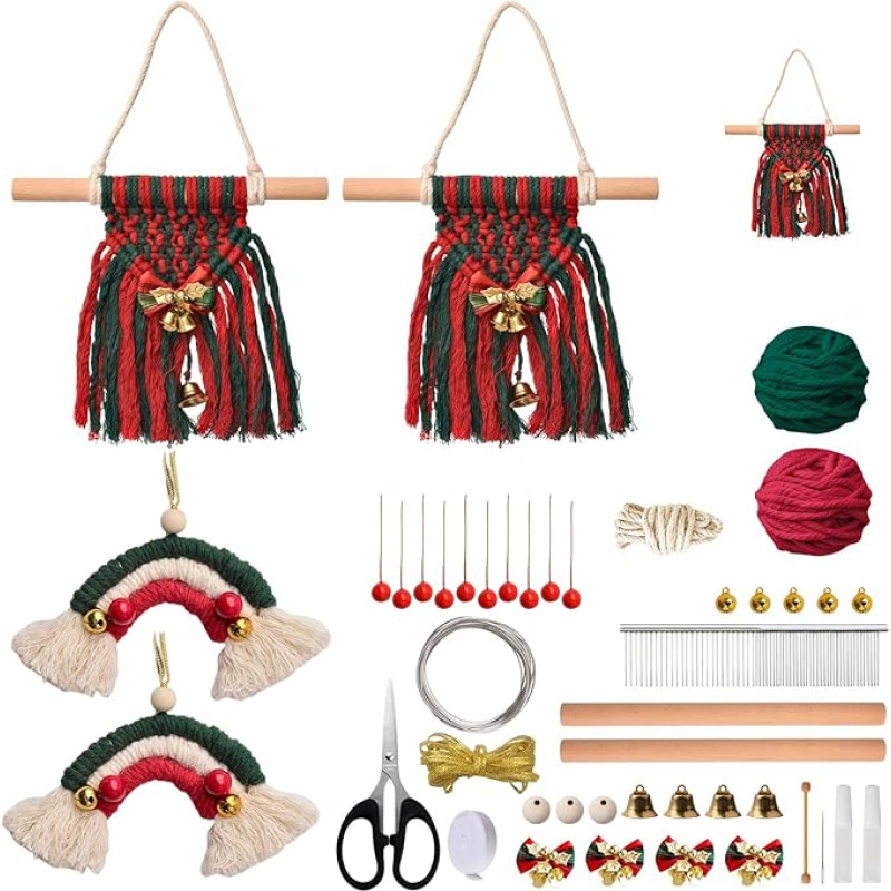 WANDIC 5 setzt Weihnachtsregenbogen Tür hängende Anhänger Kit, Holz Weben Stricken DIY Zubehör für Weihnachtskranz Anhänger Dekoration Urlaub Dekor