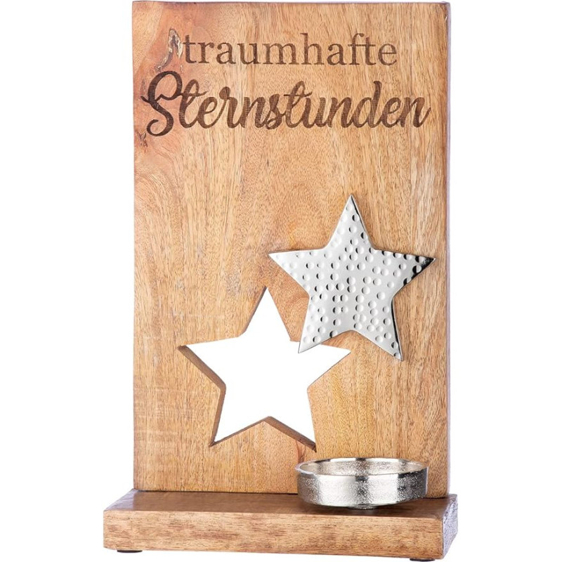 GILDE Decorative Candle Holder Tea Light Candle Star with Lettering: Dreamlike Star Hours – Christmas Decoration Made of Wood – Colour Brown Silver – Height 32 cm