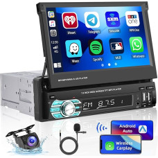 Hikity 1 DIN Car Radio with Wireless Carplay Android Car Radio with Slide Out Screen 7 Inch Touch Display with FM Radio AUX/USB + Reversing Camera