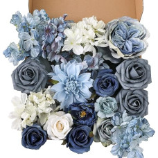 Garisey Artificial Flowers Combination Box Set for DIY Wedding Bouquet Arrangements Bridal Shower Party Home Decorations (White Blue Rose)