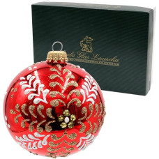 Dekohelden24 Lauschaer KGL10876 Christmas Tree Decorations - Set of 6 Glass Baubles in Shiny Red, Mouth-Blown and Hand-Decorated in Gold and White, with Gold Crowns, Diameter Approx. 8 cm