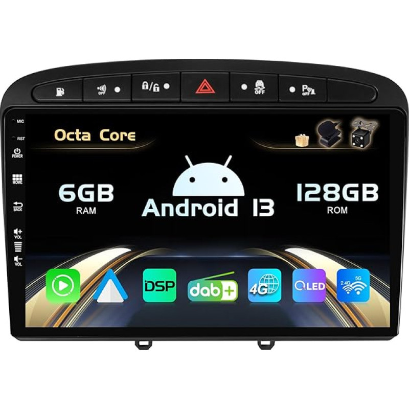 SXAUTO Android 13 - Built-in 4G LTE & DAB - 6G + 128G - Car Radio for Peugeot 308/408 (2010-2016) - Dual Band WiFi - CarPlay Android Car - Camera + Mic - Steering Wheel Control - QLED 9 Inch 2 DIN