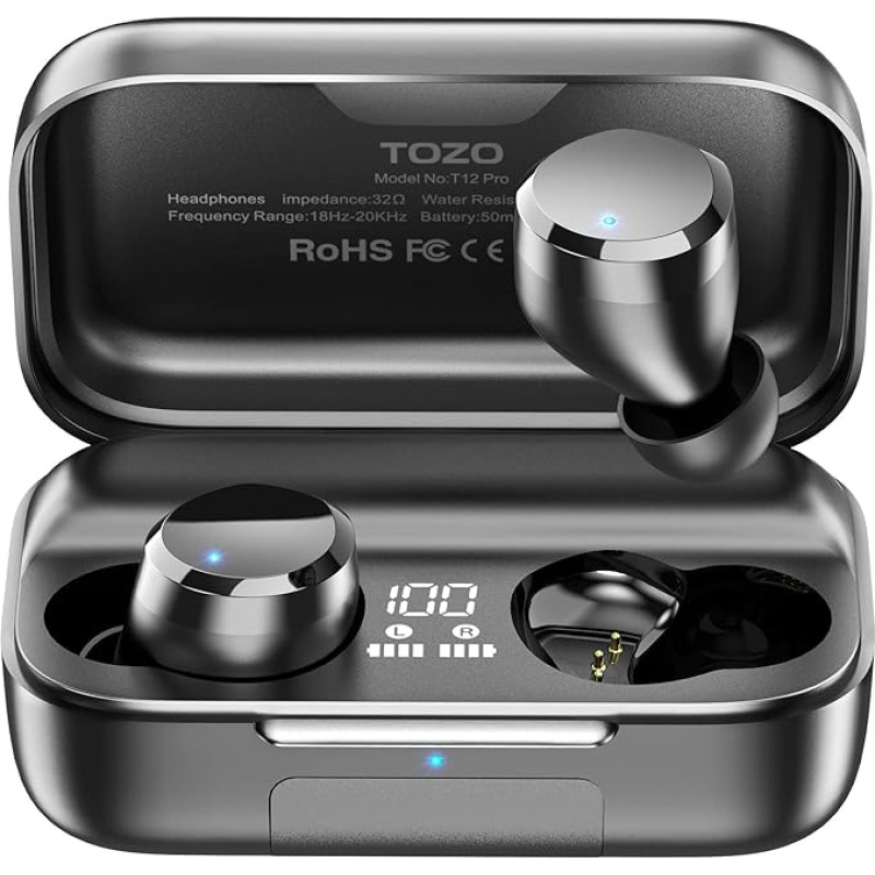 TOZO T12 Pro Bluetooth Wireless Headphones, Qualcomm QCC3040 aptX Stereo 4 Microphones, CVC 8.0 Call Noise Cancelling Headphones, 170 Hours Playtime, IPX8 Waterproof In-Ear Earphones - Black