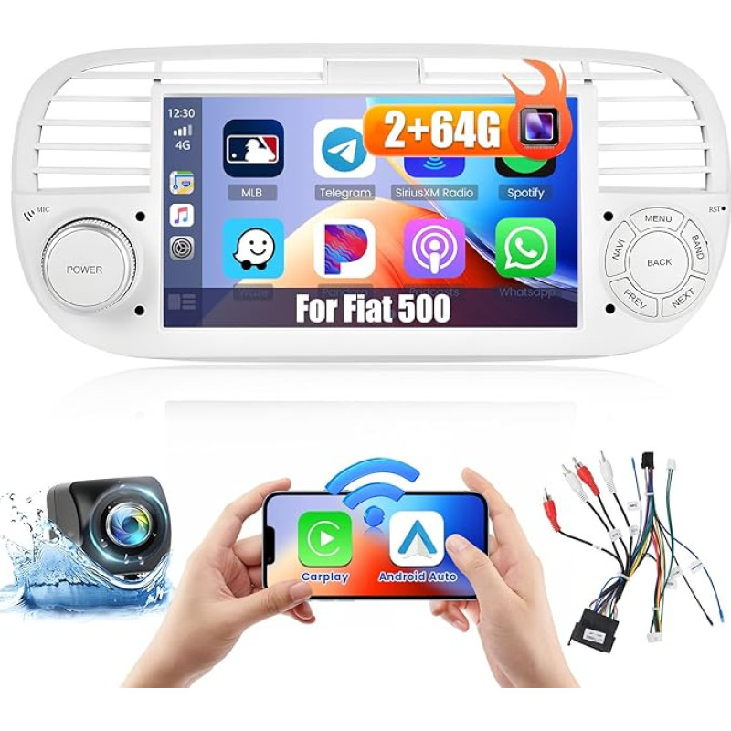 [2+64GB] Android 13 Car Radio, CarPlay Android Car Wireless, for Fiat 500 (2007-2015) Radio, Screen Display 7 Inch, Bluetooth Handsfree, GPS WiFi FM RDS EQ Reversing Camera White