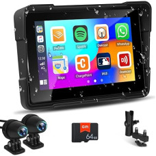 Motorcycle Portable Car Radio with Screen Wireless CarPlay & Android Car, 5 Inch IP68 Waterproof Touchscreen with Bluetooth/Mirror Link/EQ/1080P Front Camera & Rear Camera/DVR/64G TF Card