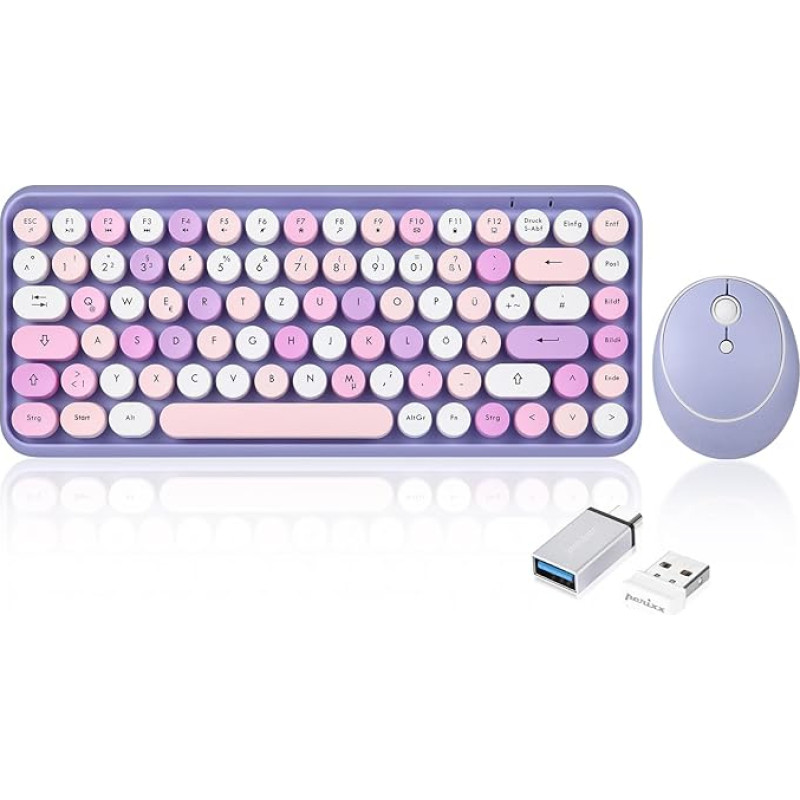 Perixx PERIDUO-713PP Wireless Mini Keyboard and Mouse Combination - Retro Round Keycaps - Pastel Purple Lilac - German QWERTZ Layout