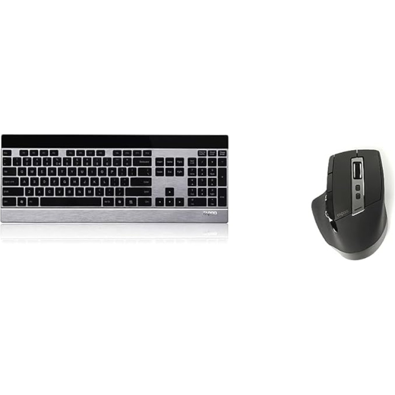 Rapoo E9270P Wireless Keyboard, 5GHz Wireless via USB, Flat Aluminium Design, Full Size, Multimedia Touch Keys, DE Layout, Black/Silver & MT750S Wireless Mouse, Black
