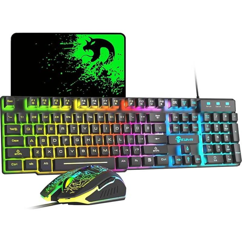 Wired Gaming Keyboard and Mouse Set 12 RGB Lighting Mode 104 Keys Full Anti-Ghosting Lighting Keyboard 2400 DPI 6-Button USB Optical Gaming Mouse Mouse Pad Compatible Black