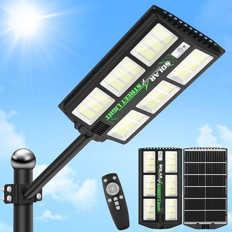 Viugreum 1200 W LED Solar Street Light with Remote Control, 6500 K Street Lamp with Motion Sensor Sensor Dusk to Dawn Street Light IP65 Waterproof Solar Path Light