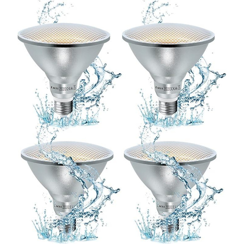 E27 PAR38 LED šiltai balta 18 W pakeičia 120 W halogeninę lemputę, 4 vnt., 2000 liumenų, 3000 K, kintamosios srovės 230 V, nemirganti, taupanti energiją lemputė, IP65, šviesos kampas 60°, atšvaito lemputės nestumdomos