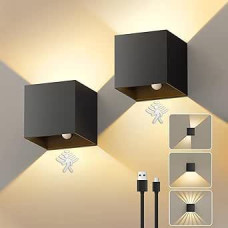 Pack of 2 Battery Wall Light Indoor with Motion Sensor, Wall Lamp Battery Adjustable Beam Shape, 3000 K LED Wall Light, USB Rechargeable, Wireless, Dimmable, Black Aluminium for Bedroom,