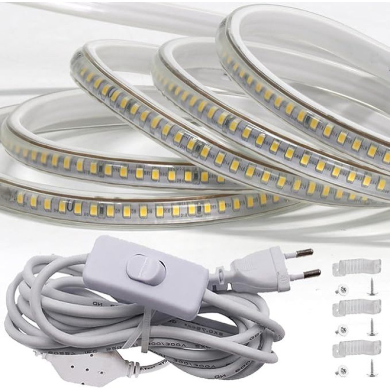 FOLGEMIR 20 m Warm White LED Strip with Switch, 2835 SMD 144 LEDs/m Light Strip, 220 V 230 V Strip, Very Bright Lighting, IP65 Waterproof