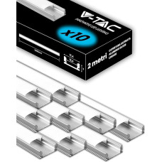 V-TAC 10 x 2 metrų stačiakampio formos aliuminio LED juostų profiliai - (iš viso 20 metrų) - Profiliai LED juostoms, matinė danga - Maksimalus LED juostos plotas 12,4 mm - Matmenys 17,4 x 7 mm