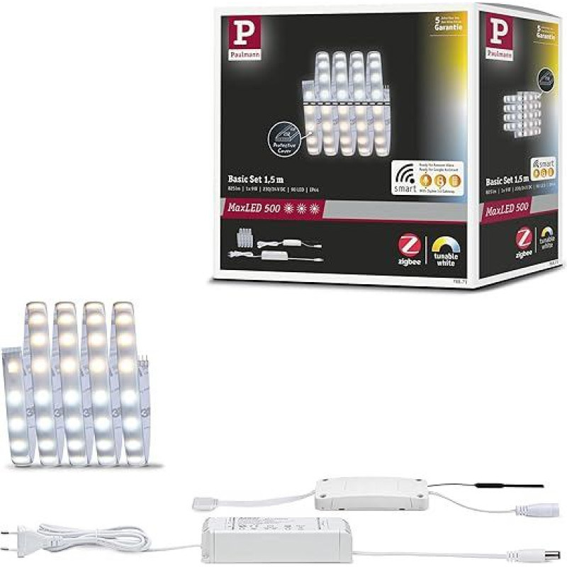Paulmann 78871 LED Stripe MaxLED 500 Basic Set Smart Home Zigbee Tunable White 1.5 m IP44 9W 230/24V 825lm Silver LED Strip Light Splashproof