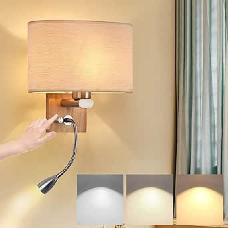 Modern LED Bedside Table Wall Lamp with Switch 3 Colours Adjustable Wooden Wall Light Indoor with Reading Lamp E27 Fabric Shade Interior Lighting for Bedroom Living Room Children Hotel Office Hallway