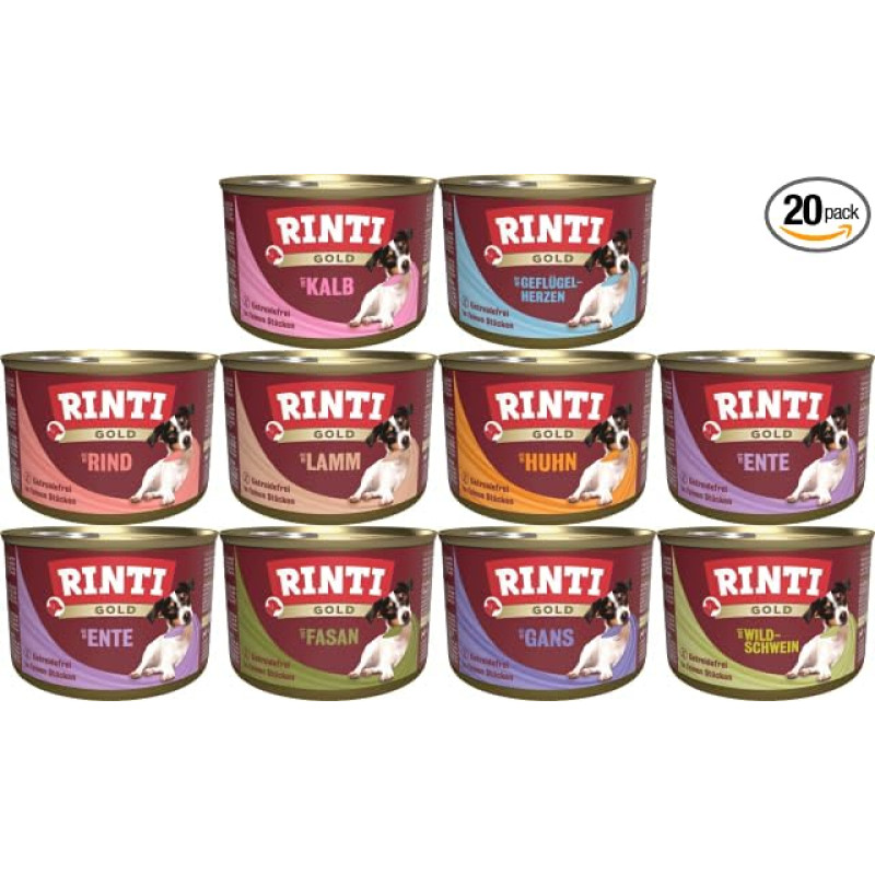 RINTI-Gold Dog Food (Bundle) 20 x 185 g Wet Food for Small Gourmands Guaranteed 8 Variety Mix 70% Meat & Offal Without Moulded Meat, Soy, Colours & Flavours