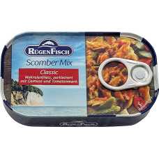 Rügen Fisch Scomber Mix Skumbrės filė smulkinta su daržovėmis ir pomidorų pasta 120 g
